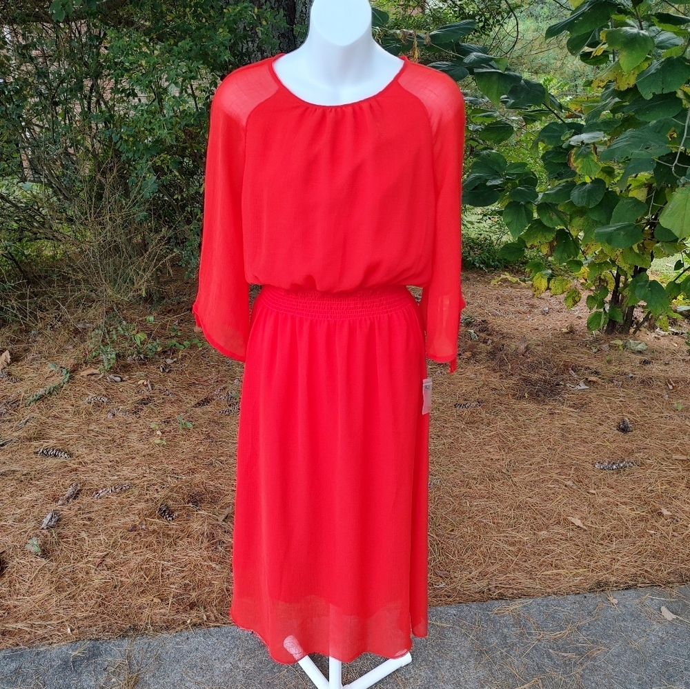 Maggie London Gauze Chiffon Smocked Waist Midi Dress Red Women's Size 8 - Picture 3 of 12